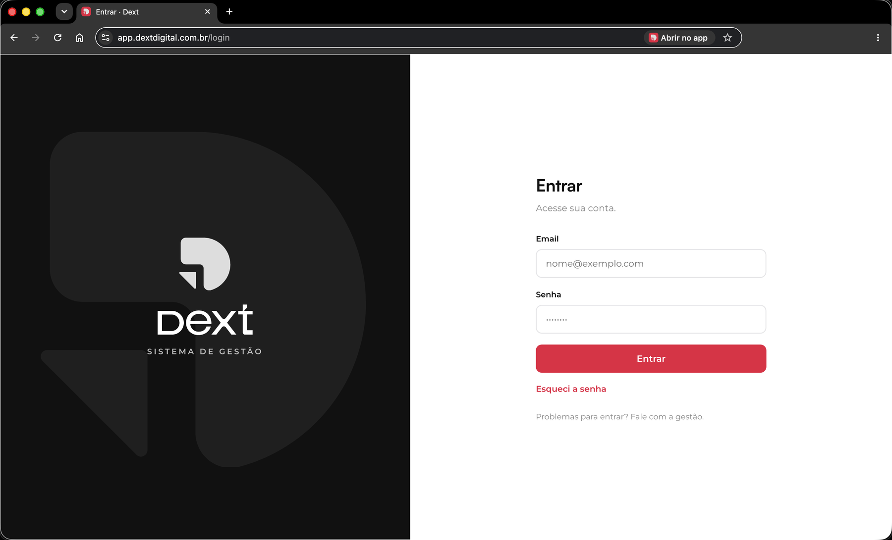 Dext Sistema de Gestão aberto no navegador